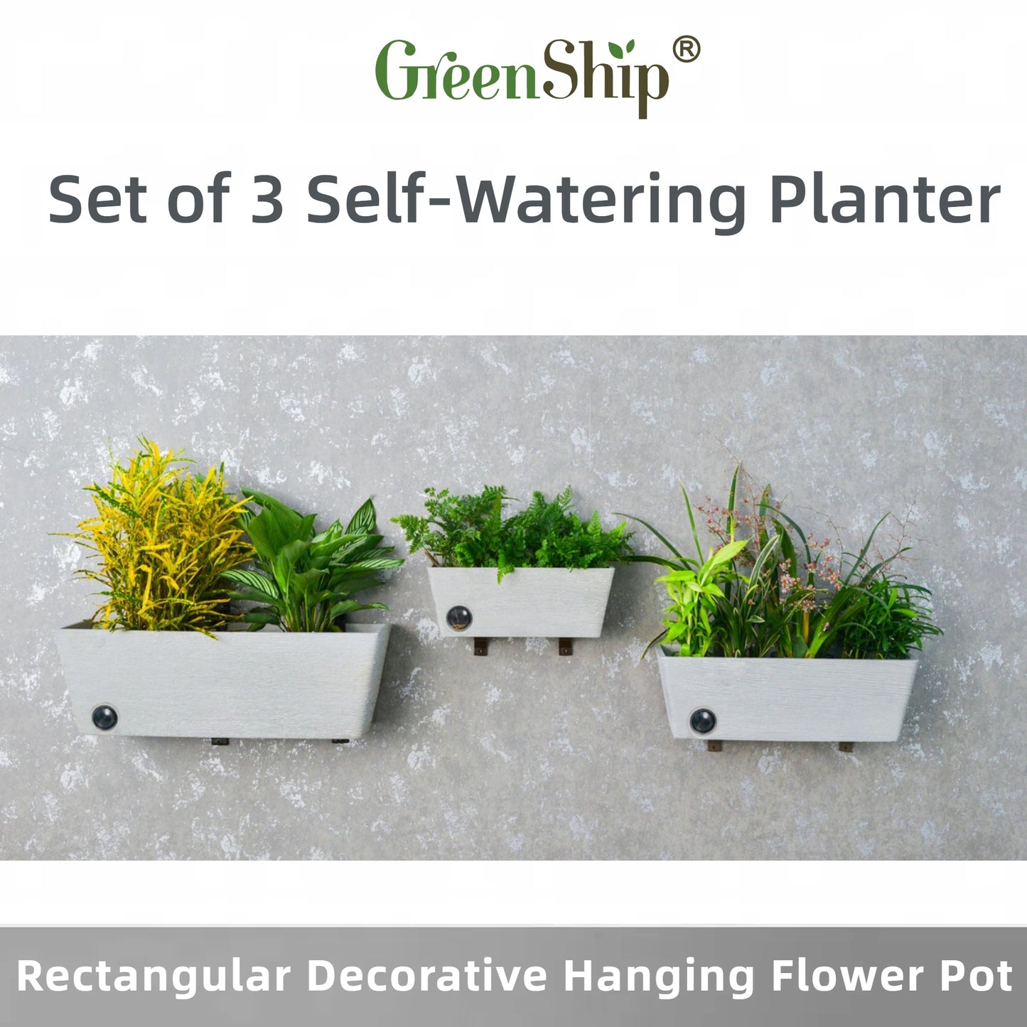 GreenShip Rectangular Wall Hanging Self-Watering Plant Pots for Indoor Plants, 10 14 18 inch Set of 3 Planter with Self-Watering Spikes, Modern Decorative Flower Pots