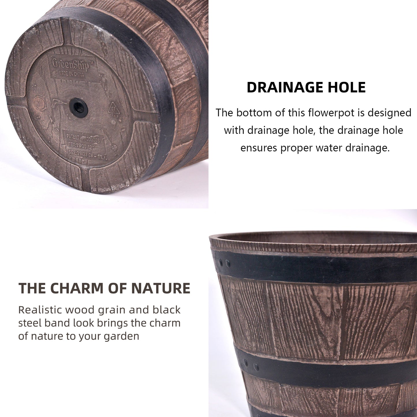 GreenShip 12 inch Classic Large Whiskey Barrel Planter with Drainage Hole,Large Planter for Indoor Outdoor Garden Home Plants